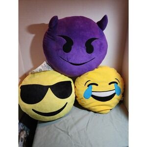 Lot Of 3 Emoji Pillow Cushion Crying Laughing ~ Devil ~ Cool Sunglasses
